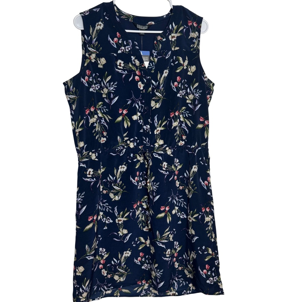 Original Nicole Miller Navy Floral Sleeveless Drawstring Waist Shirt Dress Large